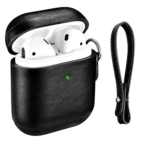 AirPods Funda Case, ICARER Piel Genuina Cuero Luxury Vintage Portátil Ultra Protección Cover Funda Carcasa con Correa para la muñeca para Apple AirPods 1&2 [LED Visible] [Carga inalámbrica] (Negro)