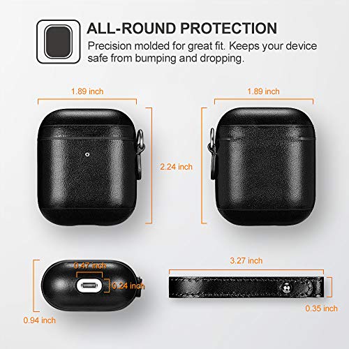 AirPods Funda Case, ICARER Piel Genuina Cuero Luxury Vintage Portátil Ultra Protección Cover Funda Carcasa con Correa para la muñeca para Apple AirPods 1&2 [LED Visible] [Carga inalámbrica] (Negro)