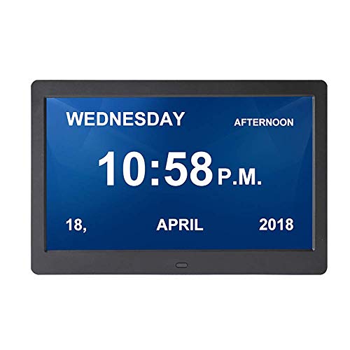 AJH Reloj Diario de Metal con Calendario Digital, Fuente Grande de 10 Pulgadas sin abreviaturas Reloj para Pacientes con Baja visión y Alzheimer, Color Blanco actualizado