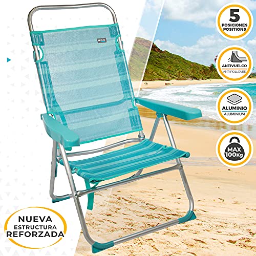Aktive 53964 - Silla de playa plegable, Silla multiposición, 5 posiciones, 63x56x100 cm, altura del asiento 33 cm, asa de transporte, tacos antivuelco, estructura resistente, Aktive Beach