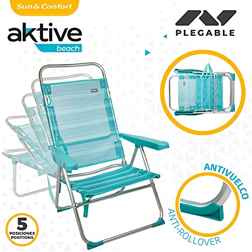 Aktive 53964 - Silla de playa plegable, Silla multiposición, 5 posiciones, 63x56x100 cm, altura del asiento 33 cm, asa de transporte, tacos antivuelco, estructura resistente, Aktive Beach