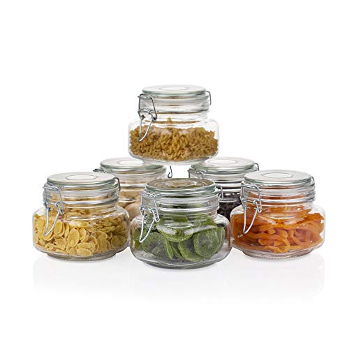 Amisglass Frasco Vidrio de Cuadrado con Tapas Herméticas, 6 Piezas Tarros de Vidrio Pequeños, Botella Vidrio para Cocina, Botes Almacenaje Cocina con Junta de Goma a Prueba de Fugas