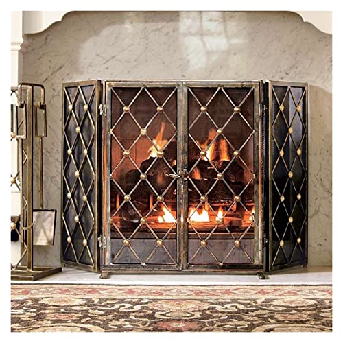 Antichispas para Chimenea Protector Biombo Para Chimenea Con Puertas Bronce, 3 Paneles Pantalla Spark Guard Por Hogar De Troncos De Gas Pozo Al Aire Libre, Pantalla De Malla Metálica De Tres Pliegues,