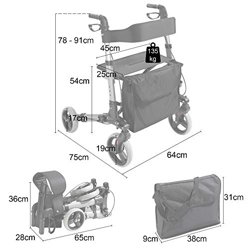 AREBOS Caminador Andador Aluminio | con Ruedas | 135kg | Rojo | Altura regulable | Incluye Soporte para bastón