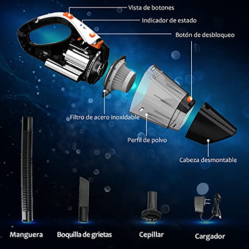 Aspiradora de Mano, Aspirador Mano Sin Cable Potente 6Kpa, Aspiradora de 2400 mAh con alimentación, Aspiradora de Coche con batería de Recargable por Casa de Pelo de Mascota y Limpieza de Coches