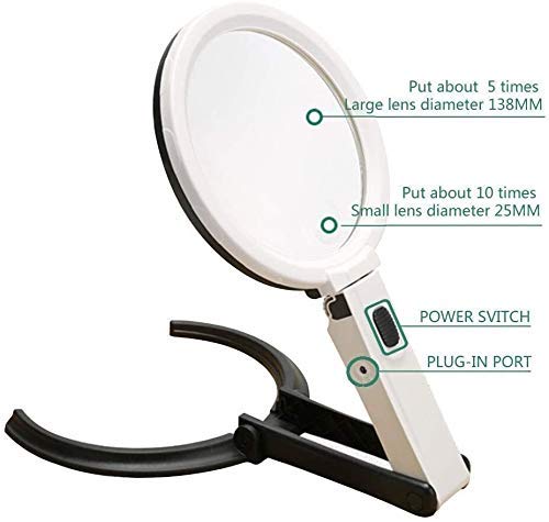 Auink Lupa de Escritorio de Vidrio para Hombre Mayor Que Lee 10 Veces Alta definición de Alta luz con Juego de LED Amplificación Auxiliar enchufable Plegable con Accesorios de luz