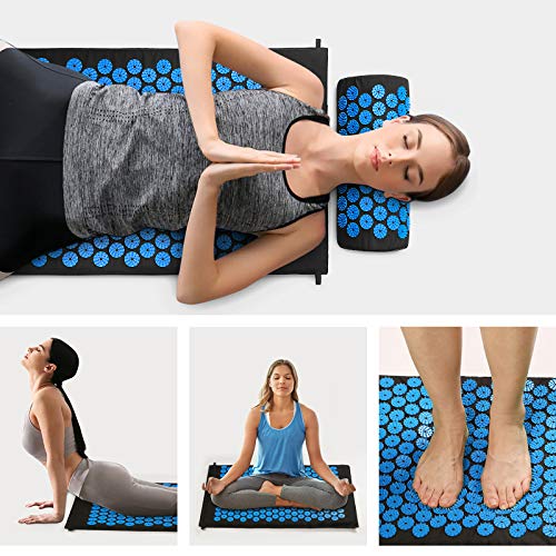 Azeekoom Esterilla de Acupresión, Kit de Masaje con Almohada y 2 pcs Bolas de Masaje, para Aliviar el Dolor de Espalda/Cuello/Pie y la Relajación Muscular con Bolsa de Transporte