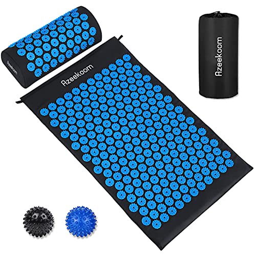 Azeekoom Esterilla de Acupresión, Kit de Masaje con Almohada y 2 pcs Bolas de Masaje, para Aliviar el Dolor de Espalda/Cuello/Pie y la Relajación Muscular con Bolsa de Transporte