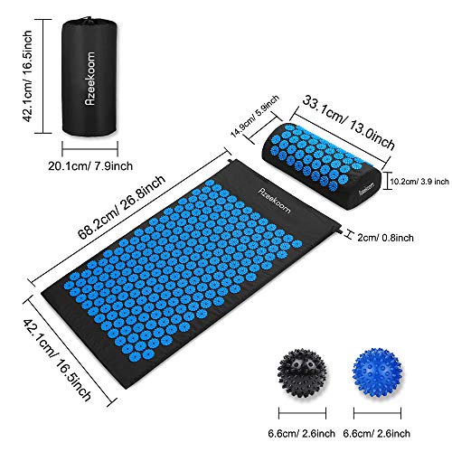 Azeekoom Esterilla de Acupresión, Kit de Masaje con Almohada y 2 pcs Bolas de Masaje, para Aliviar el Dolor de Espalda/Cuello/Pie y la Relajación Muscular con Bolsa de Transporte