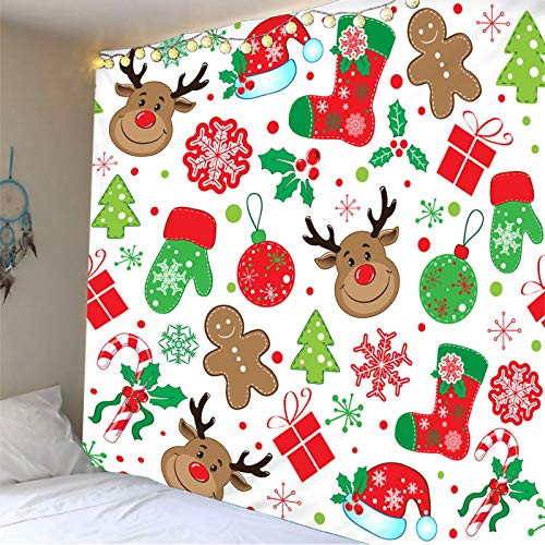 Banemi Dorm Decoration, Navidad Tapiz Pared para Hacer Snowflakes Elk Socks Muleta Guantes Caja de Regalo Marrón Verde Rojo Blanco Poliéster Tapiz Art Deco 260X240cm