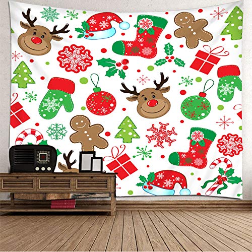 Banemi Dorm Decoration, Navidad Tapiz Pared para Hacer Snowflakes Elk Socks Muleta Guantes Caja de Regalo Marrón Verde Rojo Blanco Poliéster Tapiz Art Deco 260X240cm