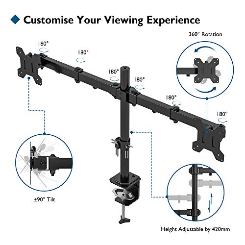 BONTEC Soporte Monitor Doble para 13-27 Pulgadas LED/LCD, Brazo Monitor para Soporte Monitor en Mesa, Giro de 360° y Rotación de 180° Altura Ajustable 8 KG, VESA 75x75/100x100 Negro
