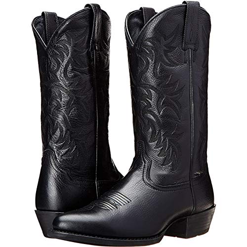 Botas de Vaquero para Hombre Botas a Media Pierna sin Cordones Vintage Bordado Patrón Dividido Punta Puntiaguda Tacón en Bloque Antideslizante Otoño Invierno Botas de Cuero