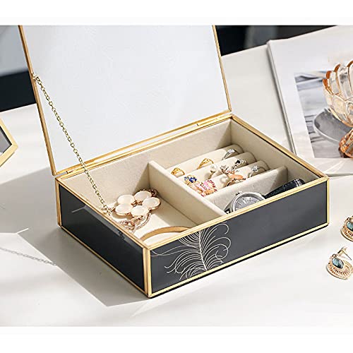 Caja Joyero Caja De Joyería, Joyería De Cristal De Lujo Organizador De Joyería Elegante Pavo Real Pluma Oro Frontera Decoración Anillo Collar Pendientes Reloj De Almacenamiento Caja Regalo De Las Seño