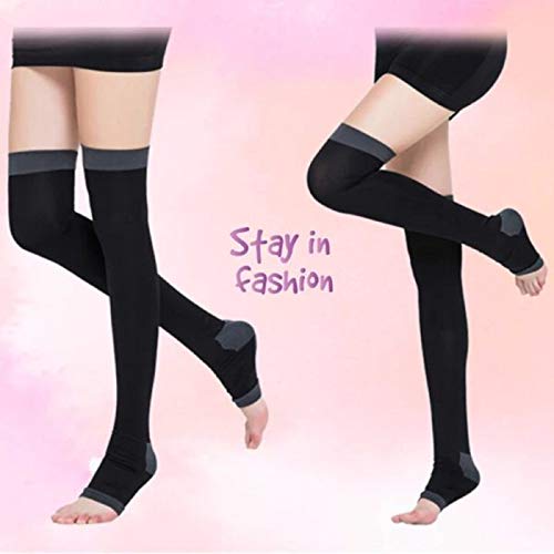 Calcetines de compresión NSDD para mujer, calcetines altos con puntera abierta, para dormir durante la noche, adelgazar, calcetines de compresión elásticos para el muslo y la niña negro negro