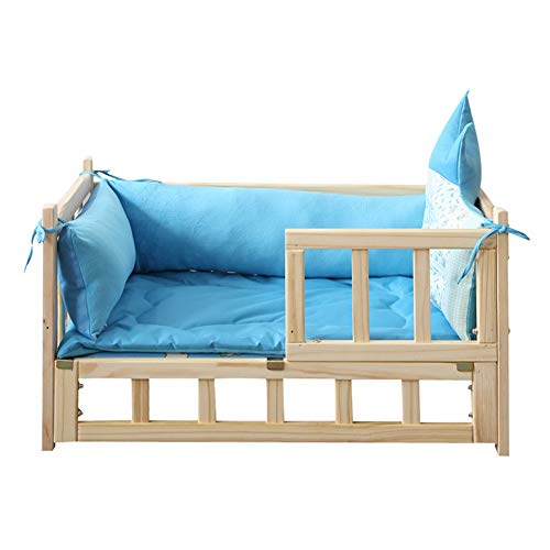 Camas para Perros Camas Ortopédicas De Madera para Perros con Baranda Y Cubierta Lavable Extraíble, Cama Antideslizante para Mascotas para Perros Y Gatos (Color : Blue, Size : L-75×50×42cm)