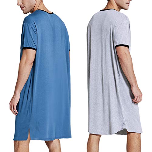 Camisón de algodón para Hombre Largo Pijama de Manga Corta Cuello en V cómodo Suave Holgado de Ajuste de Verano Ropa de Dormir para el Hospital en casa (Azul, XL)