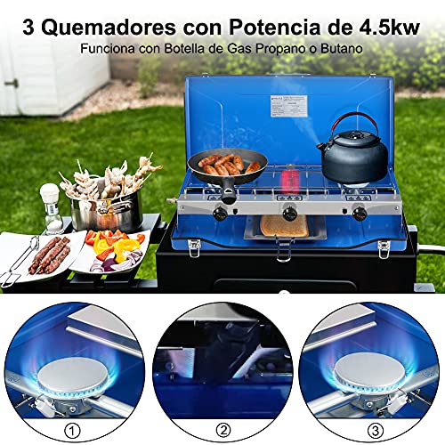 Camplux JK-5330 tres quemadores Hornillo a gas, portable cocina de camping gas para camping o festivales, 4.5kW Funciona con gas butano / propano