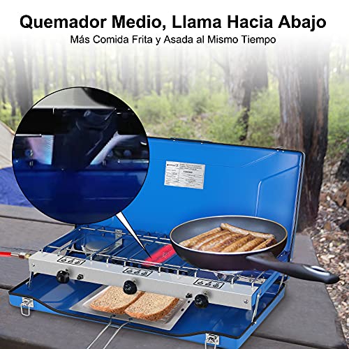 Camplux JK-5330 tres quemadores Hornillo a gas, portable cocina de camping gas para camping o festivales, 4.5kW Funciona con gas butano / propano