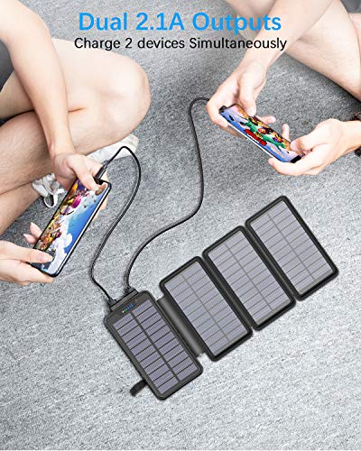 Cargador Solar 26800mAh, Elzle Power Bank Solar con 2 Salidas USB y 1 Entrada Micro USB, Impermeable Batería Externa con 4 Paneles Solar Linterna LED para iPhone Android Tabletas Cámara Viajes Camping