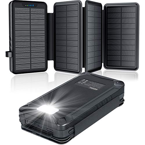 Cargador Solar 26800mAh, Elzle Power Bank Solar con 2 Salidas USB y 1 Entrada Micro USB, Impermeable Batería Externa con 4 Paneles Solar Linterna LED para iPhone Android Tabletas Cámara Viajes Camping