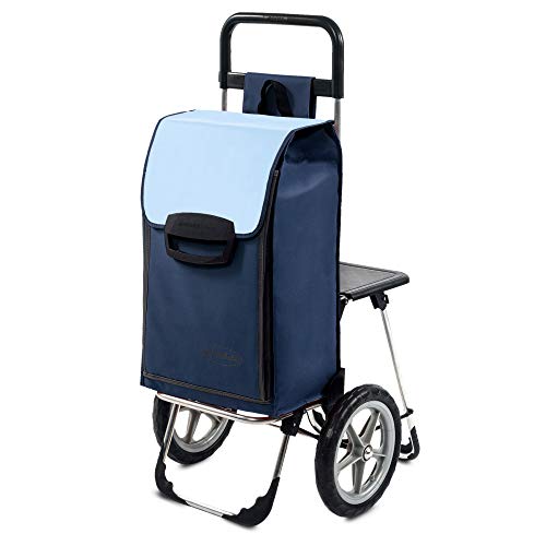 Carro de la compra Fajena azul con asiento plegable y compartimento refrigerador – 65 litros de volumen – Carro de la compra con asiento y grandes ruedas extraíbles