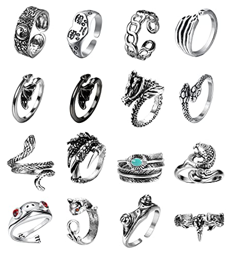 CASSIECA 16 Piezas Anillos Punk Vintage Anillo Gótico Anillo Rana Anillo Abrazo Anillo Dragon Anillo Serpiente Mujer Hombre Anillo Calavera Punky Anillo Apertura Anillo Cabeza Lobo Anillo Dedo Medio