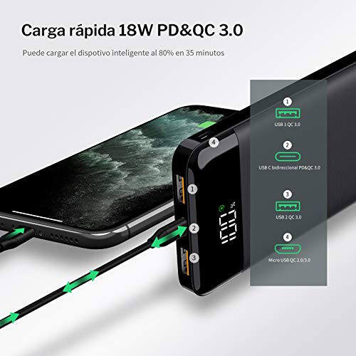 Charmast Power Bank 10400mah Bateria Externa Quick Charge 3.0 USB C Power Delivery Digital Display Cargador Portátil Micro USB Type C Compatible con Smartphones, Tablets y más
