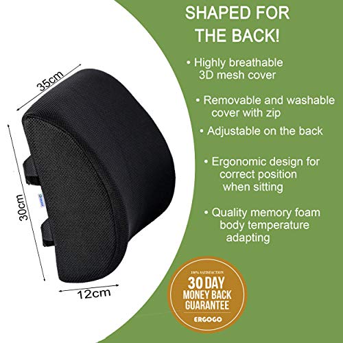 Cojín de espuma de memoria para el soporte lumbar, cojín de viaje transportable con funda de malla en 3D, protector ortopédico, negro, para masajear y aliviar el dolor, de Ergogo