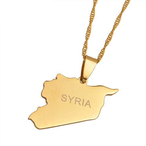 Collar con Colgante De Mapa,Joyería Siria Mapa Colgante Oro Cadena Collar para Hombres Mujeres Medio Oriente Siria País Esquema Colgante Collar Regalo De Moda para Niñas Niños,60Cm Cadena D
