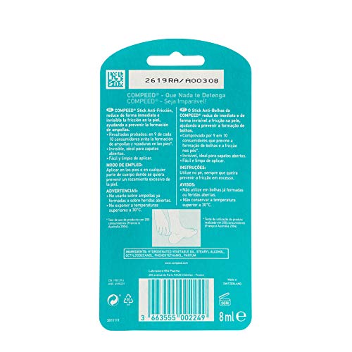 COMPEED Stick Anti-fricción 8 ml - Pack de 2 (total 16ml), Barra Anti -Fricción, Tratamiento de pies eficaz contra la fricción y la formación de ampollas.