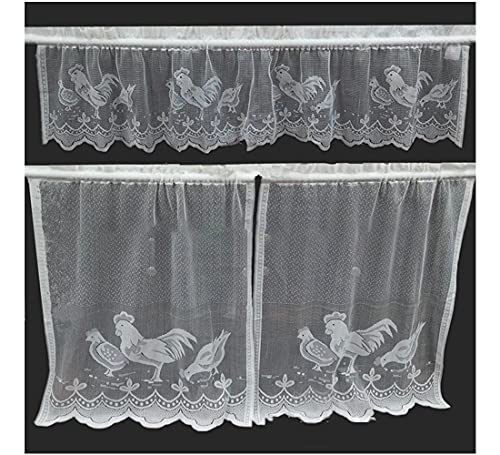 Cortina de Cocina Transparente Cenefa para Ventanas, Pollos de Color Blanco, decoración de Ventanas con Forma de Animal para Cafe Bistro, 1 Pieza de 150 x 36 cm, 2 Piezas de Ancho 75 x 60 cm