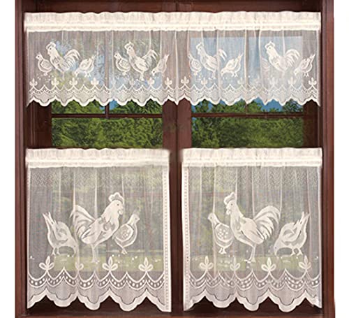 Cortina de Cocina Transparente Cenefa para Ventanas, Pollos de Color Blanco, decoración de Ventanas con Forma de Animal para Cafe Bistro, 1 Pieza de 150 x 36 cm, 2 Piezas de Ancho 75 x 60 cm