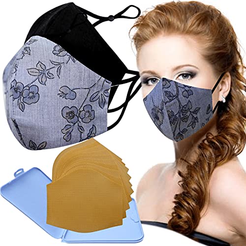 Cussi - Mascarilla de Tela Higiénica Reutilizable Homologada UNE 0065:20 y Certificada BFE 99%, Lavable hasta 20 ciclos-pack 2 mascarillas, estuche, filtros extra (FLOR DENIM, NEGRO)