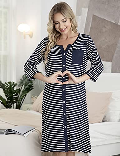 Doaraha Camisón de Lactancia Camisón de Maternidad Algodón para Mujer Camisón Lactancia con Botones a Rayas Camisón Embarazada Hospital Mangas 3/4 -Azul Marino-Tamaño M