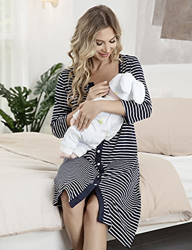 Doaraha Camisón de Lactancia Camisón de Maternidad Algodón para Mujer Camisón Lactancia con Botones a Rayas Camisón Embarazada Hospital Mangas 3/4 -Azul Marino-Tamaño M