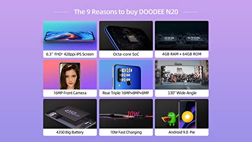 DOOGEE N20 (2019) SIM Móvil Libres, Helio P23 Octa-Core 4GB RAM 64GB ROM, 6.3 Pulgadas FHD + Waterdrop Pantalla Android 9.0 4G Smartphone, 16MP + 8MP + 8MP + 16MP, 4350mAh, 10W Carga Rápida Púrpura