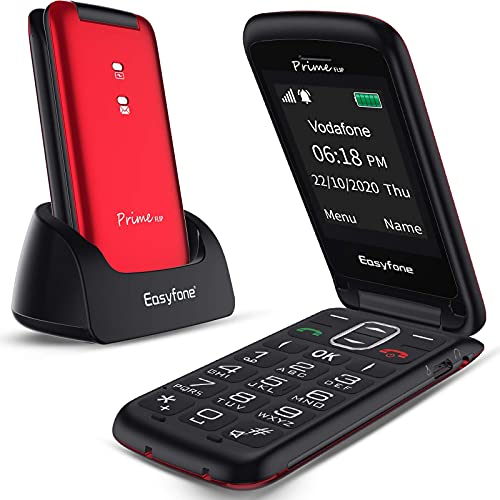 Easyfone Prime-Flip gsm Teléfono móvil para Personas Mayores con Tapa, Teléfono fácil de Usar con Botón SOS y Base de Carga (Rojo)