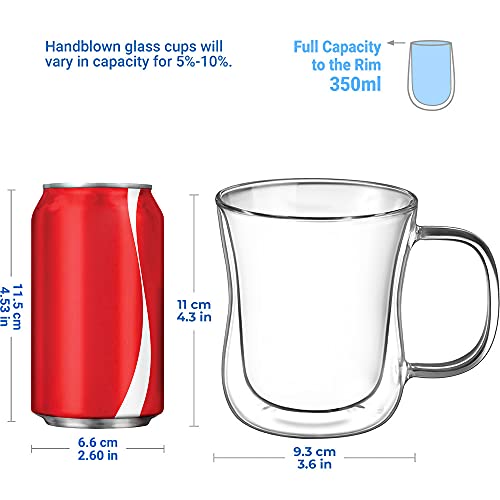 Ecooe 2x350ml Tazas de Café de Cristal,Vasos de Doble Pared con Asa,Tazas de Vidrio Borosilicato para Té,Café,Leche,Latte,Macchiato