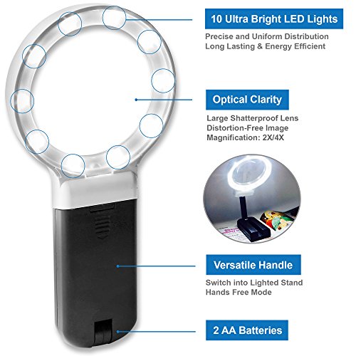 FC Optics Lupa de Pie Grande con Luz LED, Aumento de 2X 4X - Lupa Plegable de Manos Libres con Soporte - Lupa Escritorio para Lectura, Costura, Modelismo, Soldar y Oficina