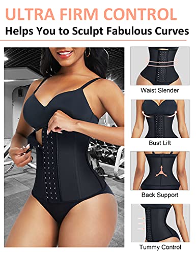FeelinGirl Faja Deportiva Mujer 9 Aceros Deshuesados Látex Corsé de Entrenamiento Transpirable Faja Lumbar con Ganchos Negro Cintura 82-88cm(XXL/Talla 44)