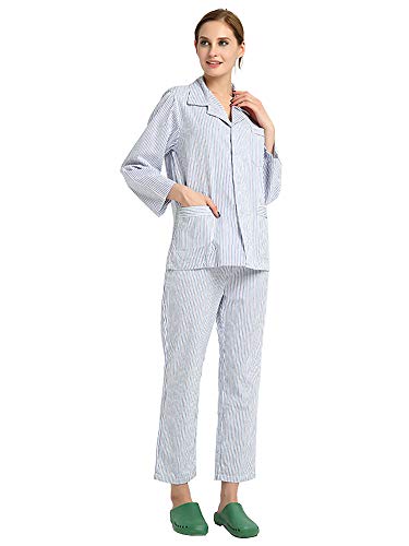 Feynman Pijama de algodón transpirable para pacientes con cirugía, pacientes con postoperación/pacientes/personas mayores, mujer azul M