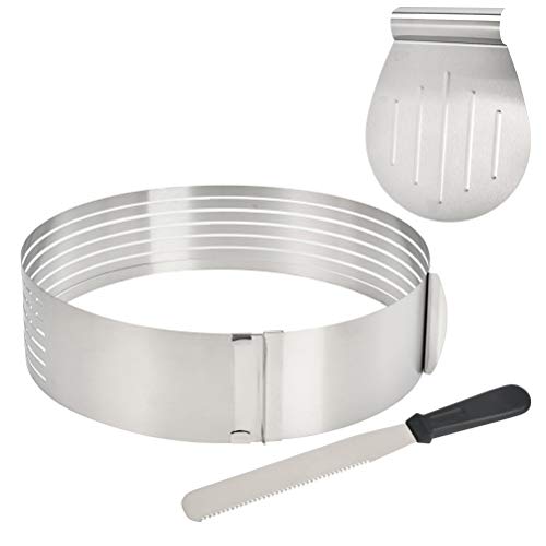 FOCCTS Juego de 3 cortadores de tartas, ayuda para cortar tartas, anillo ajustable de 7 capas de mousse para tablas de tartas y cuchillos de cocina, molde redondo de pan de 24,8 – 29,7 cm de diámetro