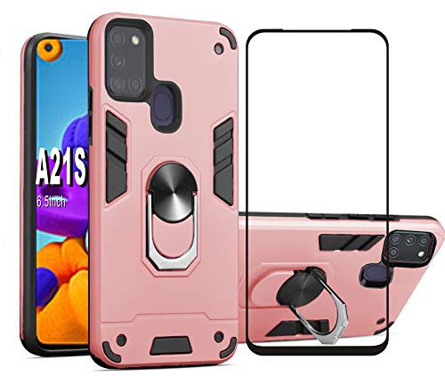 Funda Para Samsung Galaxy A21S, Con protector de pantalla, Rotación de 360 grados, Anillo de metal, absorción de golpes, Esquinas reforzadas, Poliuretano termoplástico 6.5" Oro rosa