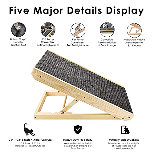GJCrafts 2 en 1 Rampa para Perros y Gatos Rampa Plegable Madera Maciza Altura Ajustable con Alfombra Antideslizante Escalera de Seguridad para Mascotas para Autos, Sofá, Cama, Carga de hasta 110 lb