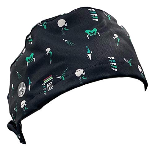 Gorro Quirófano Sanitario Mujer Hombre Enfermera Dentista Medico Pediatra Pelo Largo con Botones y Sudadero Frontal (Modelo Huesos)