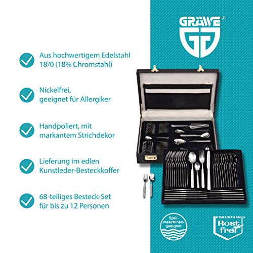 GRÄWE GRÄWE® – Set de cubertería para 12 Personas (68 Piezas, Acero Inoxidable, en maletín).