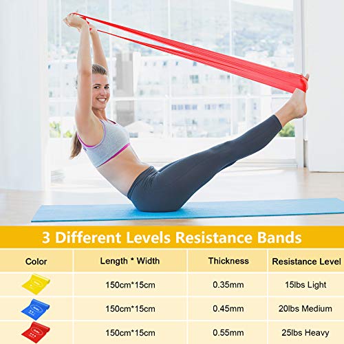 Gritin Bandas Elasticas Fitness, 3 Piezas Bandas de Resistencia con 3 Niveles, Cintas Elasticas Fitness con Anclaje Puerta, Toalla y Bolso para Yoga, Pilates