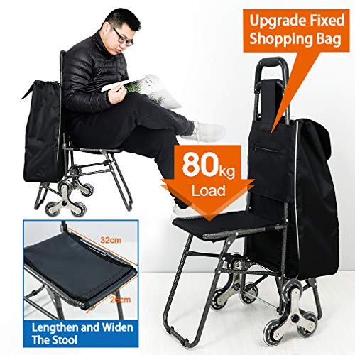 Hershii Carrito de la compra plegable de 6 ruedas con asiento y bolsa de almacenamiento negra extraíble para alimentos, camping, pesca, picnic, viajes
