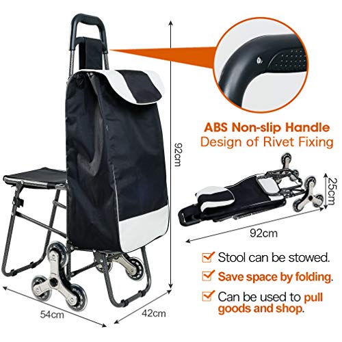 Hershii Carrito de la compra plegable de 6 ruedas con asiento y bolsa de almacenamiento negra extraíble para alimentos, camping, pesca, picnic, viajes